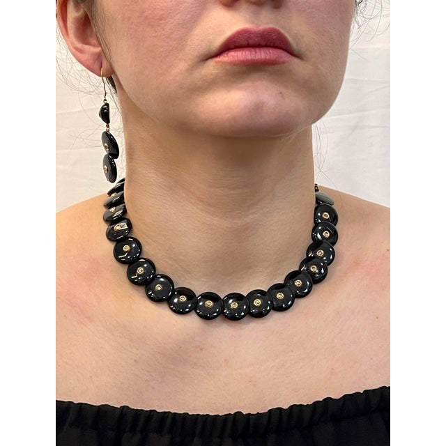 Round Circle Black Onyx with Rose Cut Diamond 18 Karat Gold Necklace, Earrings For Sale In New York - Image 6 of 18