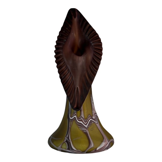 Vintage Essie Zareh Baijan Abstract Jack in the Pulpit Green & Brown Art Glass Vase For Sale