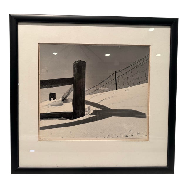 Vintage Black and White Photograph of Snow Covered Beach With Fence Post For Sale