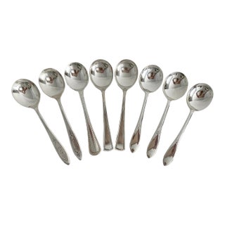 Vintage Silverplate Soup Gumbo Spoons Assorted Set of 8 For Sale