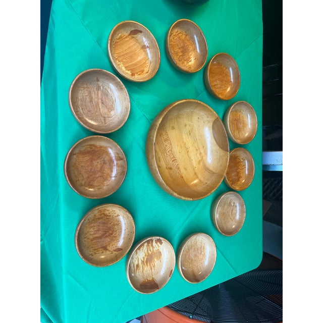 1970s Collection of Stamped Sterling Silver Pedestal Wooden Bowl With Serving Dishes - Set of 12 For Sale - Image 10 of 12