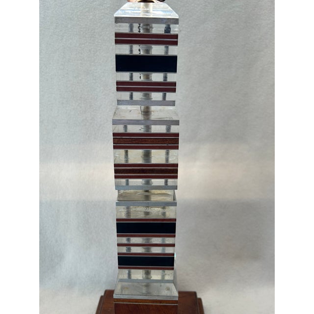 Mid 20th Century Mid Century Modern Stacked Lucite Acrylic Ebony Mahogany Aluminum Teak Skyscraper Table Lamp For Sale - Image 9 of 13