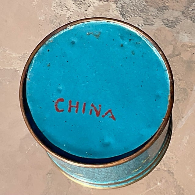 Asian Style Chinoiserie Turquoise Cloissone Box With Cherry Blossoms For Sale - Image 4 of 6