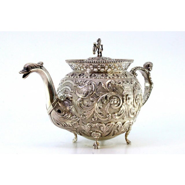 Coffee Pot in Silver Relief with Female and Elf Faces, Lid with Lion-Shaped Handle and Claw-Shaped Feet For Sale - Image 4 of 10