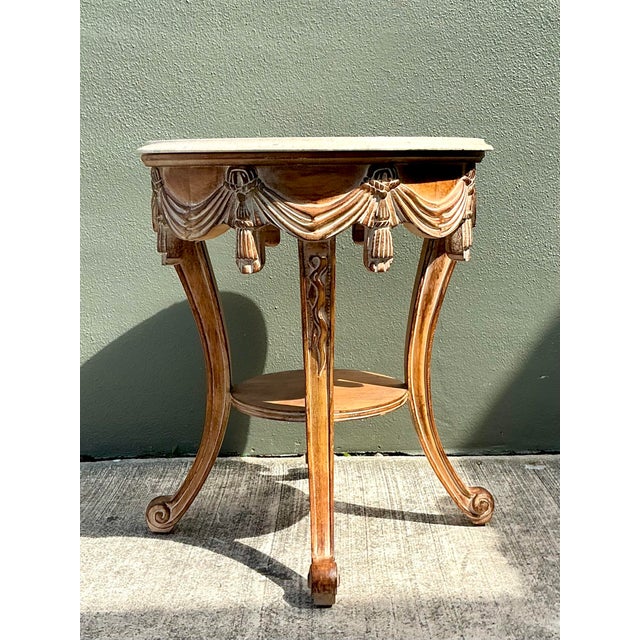 French Provincial Vintage Hand Carved Swag and Tassel Side Table For Sale - Image 3 of 6