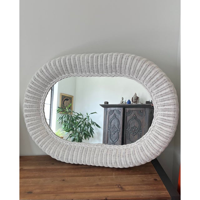 1980s Vintage Large Oval Woven Rattan Framed Mirror For Sale - Image 5 of 11