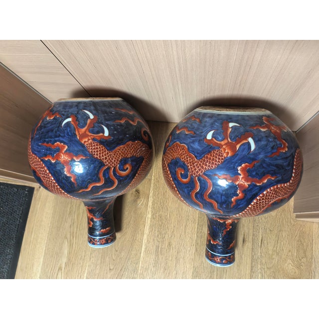 A Pair of Chinese Ceramic Vase Ming Dynasty Xuande Marked Blue Ground Famille Verte Porcelain Tianqiu Vase Hand Painted Dragon Pattern For Sale - Image 16 of 16