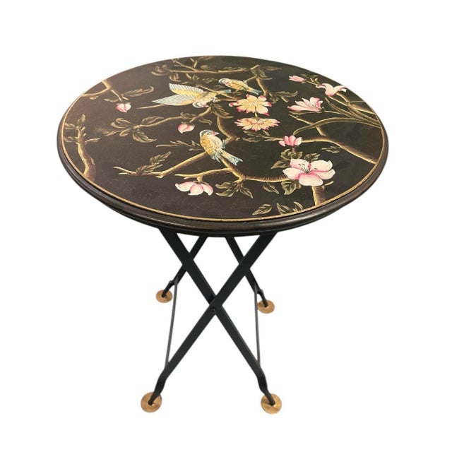 Vintage Grand & C. Chinoiserie Hand-Painted Metal Folding Side Table For Sale