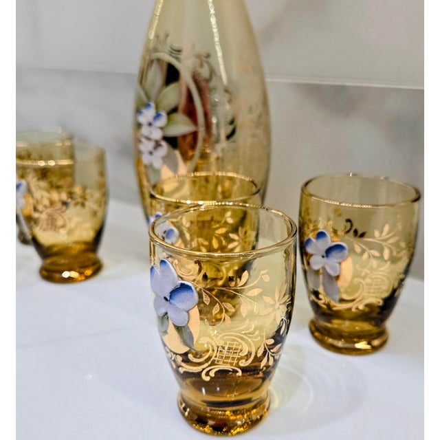 Hollywood Regency Vintage Italian Murano Tre Fuochi Amber Glass Decanter & 6 Cordial Glasses – 24k Gold Gilt, Hand-Painted High Enamel Flowers For Sale - Image 3 of 12