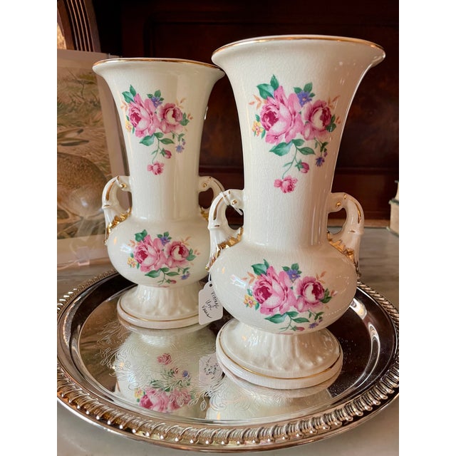Antique White Vintage 1940s Porcelain Rose Urn Vases - Pair For Sale - Image 8 of 11