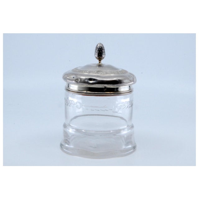 Glass Bottle with Embossed Silver Lid and Pine Cone-Shaped Handle For Sale - Image 10 of 11