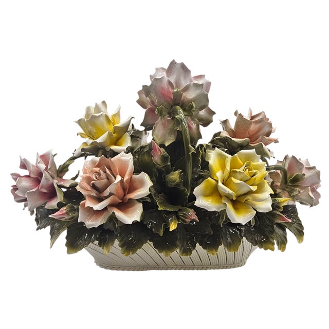 VTG Large Italian Porcelain Rose Bouquet Basket Centerpiece Capodimonte 22.5” For Sale - Image 17 of 18