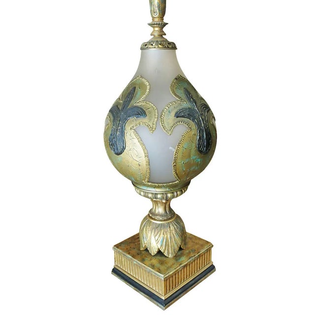 Mid-Century Modern Hand Painted Impasto Frosted Glass Mid-Century Table Lamp With Shade - a Pair For Sale - Image 3 of 10