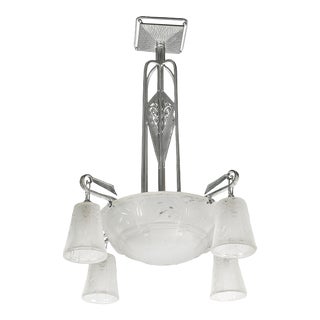 Art Deco 4 Arm Frosted Glass & Silvered Bronze Chandelier Signed Muller Frères For Sale