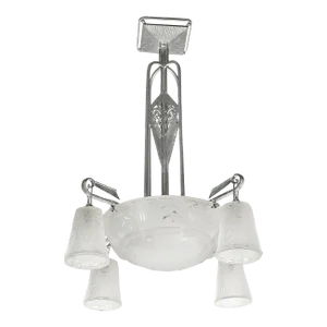 Art Deco 4 Arm Frosted Glass & Silvered Bronze Chandelier Signed Muller Frères