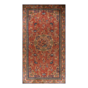 Aesthetic Persimmon Background Color With Allover-Floral Design Antique Chinese Rug