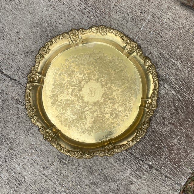 Hollywood Regency Floral Rim Etched Brass Tray For Sale - Image 3 of 4