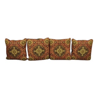 (4) Contemporary Mediterranean Red and Brown Tapestry Faux Leather Throw Pillows For Sale