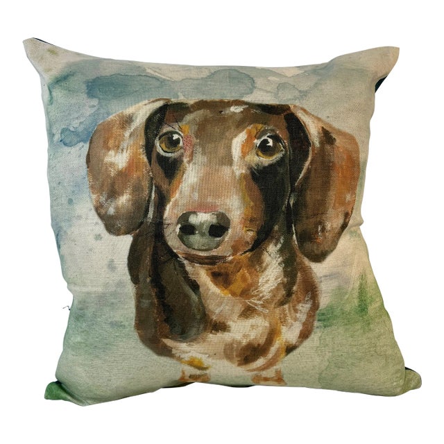 16" Square Pillow Decorated With an Adorable Doxie /Dachshund Dog Portrait - Made in the U K For Sale