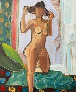 Contemporary Expressionist Style Figurative Female Nude with Interior Scene Still Life Painting