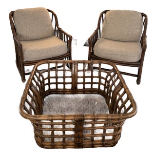 1960s Set of MCM Ficks Reed Lounge Chairs and Coffee Table - Rattan Reed Bamboo Boho Coastal For Sale