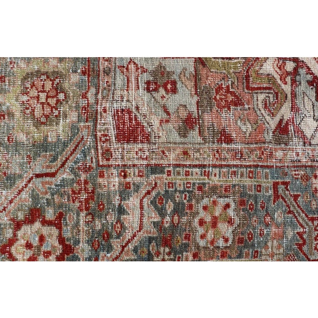 Early 20th Century Antique Persian Heriz Rug With Geometric Medallion Design in Red & Soft Colors For Sale - Image 10 of 12