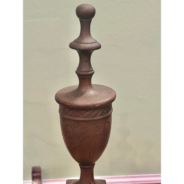 English Antique English Neoclassical Engraved Brass & Iron Andirons, Pair, Circa 1900 For Sale - Image 3 of 12