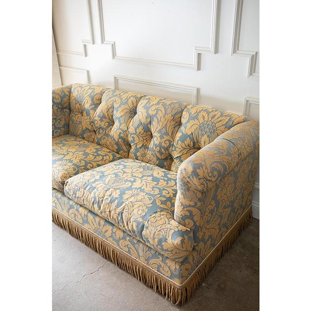 Vintage Damask Traditional Tufted Rolled-Arm Sofa With Fringe Skirt For Sale - Image 18 of 18