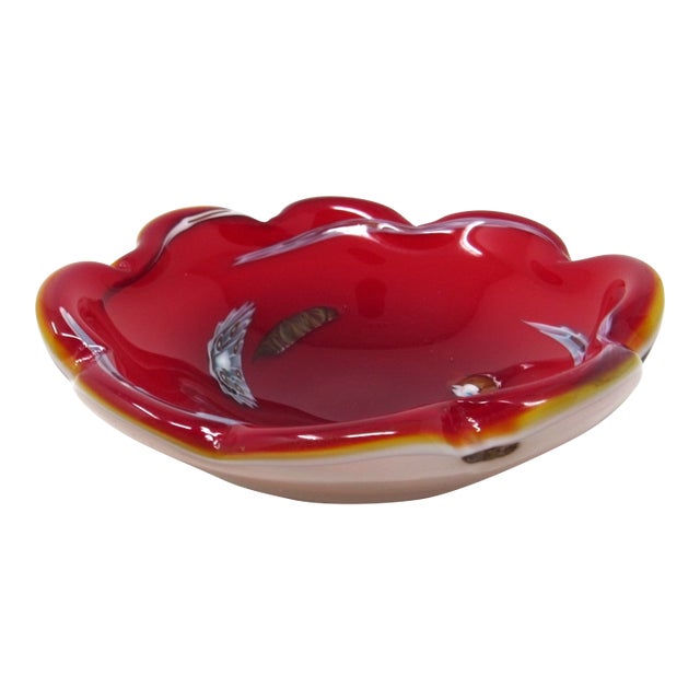 Vintage Murano Red and Opalescent Scalloped Glass Ashtray & Catch-All For Sale