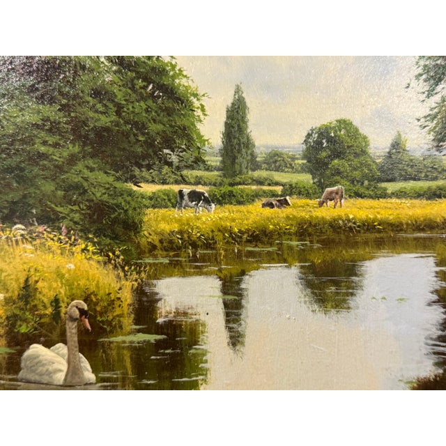 Realism Pair - Ornately framed Oval English River Flower Scenes with Swans, Cows, Sheep 1990 (Circa) For Sale - Image 3 of 16
