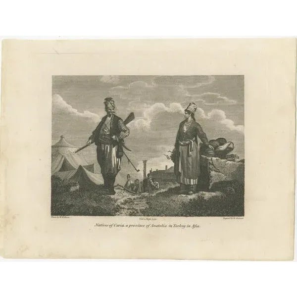 The engraving titled "Natives Of Caria, A Province Of Anatolia In Turkey In Asia" depicts two individuals from Caria, a...