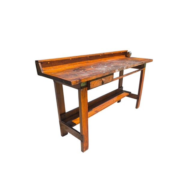 Mid-20th Century Industrial Solid Wood Carpenter's Workbench Console Table For Sale - Image 10 of 18