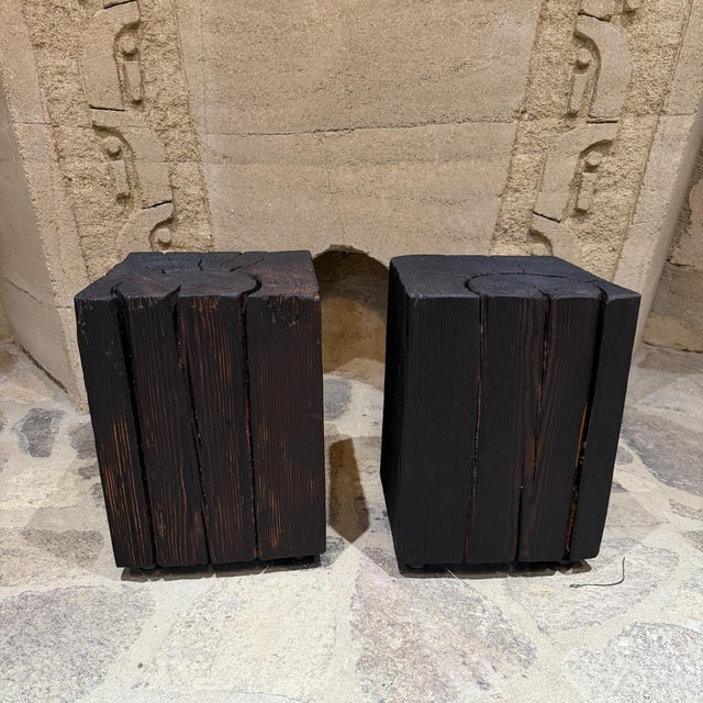 For your consideration, pair of primitive wood benches. Ebonized wood with Yakisugi, or Shou Sugi Ban technique. Designed...