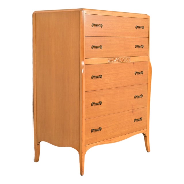 Mid-Century French Regency Carved Mahogany Highboy Dresser or Chest of Drawers, Circa 1950s For Sale
