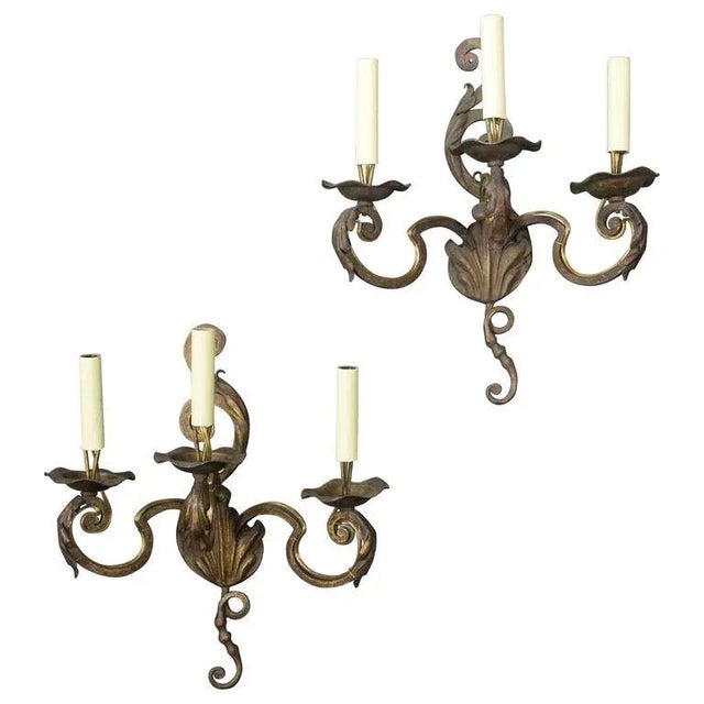 Pair of French Gilt Wrought Iron Three-Arm Wall Sconces, Louis XV Style, 1920s For Sale - Image 9 of 9