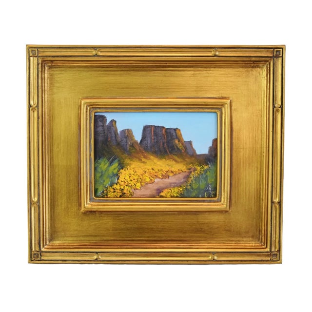 Wood Floral Flowers in Bloom Canyon Impressionist Landscape Oil Painting Including the Antiqued Gold Wood Frame For Sale - Image 7 of 8