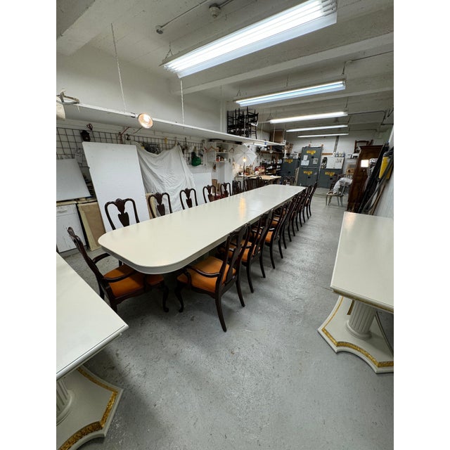 Gold 1990s Grand Scale Painted & Gilt-wood Two Pedestal Dining Table with 2 leaves For Sale - Image 8 of 9