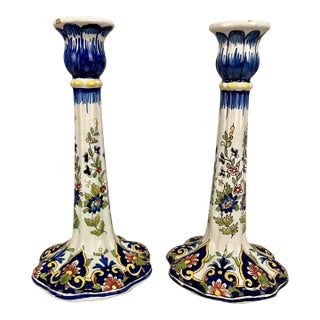 An Early 20th Pair of French Faience Candlestick For Sale