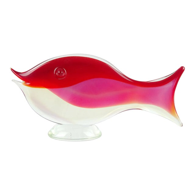 Vintage Murano Sommerso Red Opalescent White Italian Art Glass Centerpiece Fish Figure Sculpture For Sale