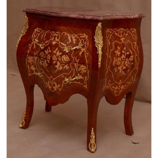 French Louis XVstyle Marquetry Inlaid Marble Top Bombe Commode For Sale - Image 3 of 4