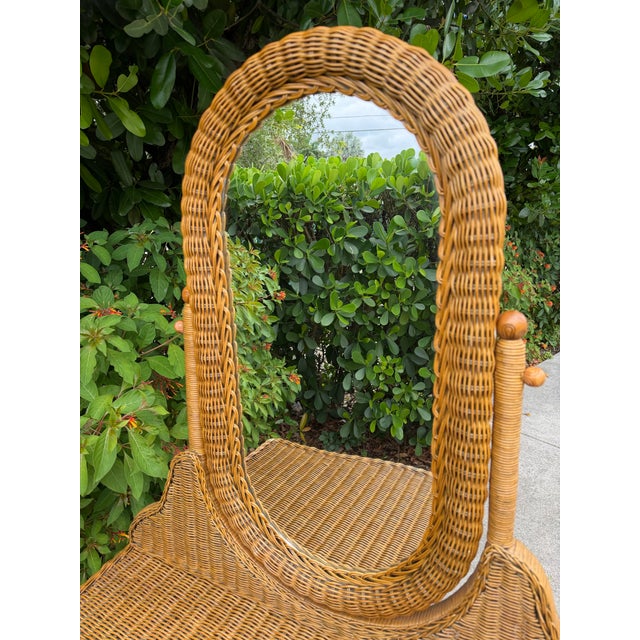 Vintage Wicker & Rattan Vanity Table With Oval Mirror and Drawer For Sale - Image 4 of 15