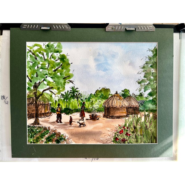 One watercolor painting Giclee professional print of a present day village family in South Sudan, the youngest country on...