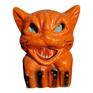 Vintage Molded Papier-Mâché Halloween Orange Cat Candy Container / Lantern For Sale