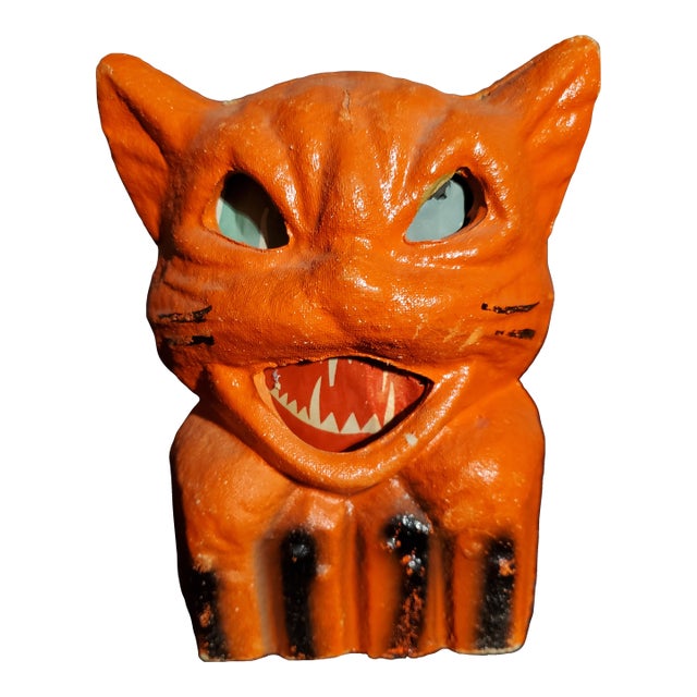 Vintage Molded Papier-Mâché Halloween Orange Cat Candy Container / Lantern For Sale