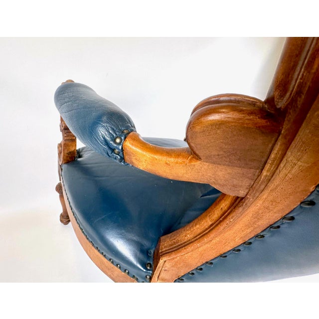 Antique French Armchair in Walnut and Blue Leather, 1890s For Sale - Image 12 of 18