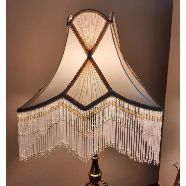 Antique Silk Fringe Beaded Lampshade Pearl Glass For Sale - Image 4 of 9