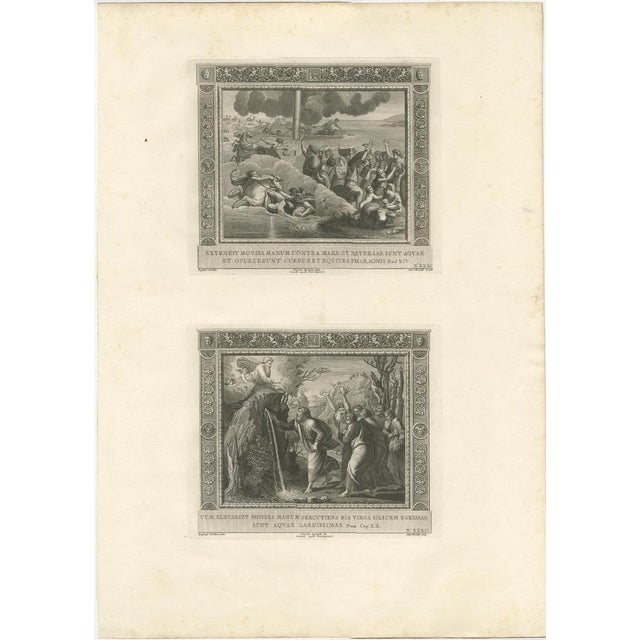 Large antique print with two religious engravings. The upper image depicts the crossing of the Red Sea. The lower image...