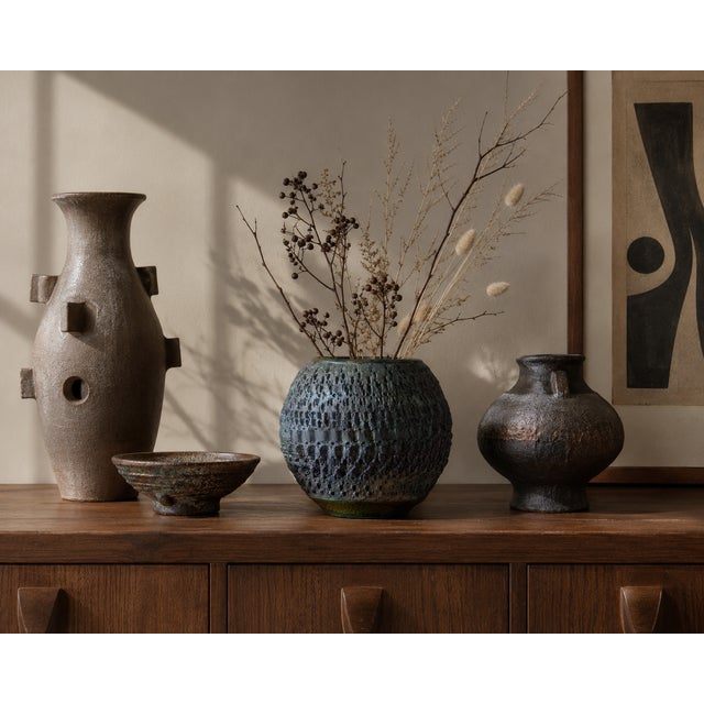 1980s Signed J. Lares Raku Studio Pottery Vessel With Carved Textural Surface For Sale - Image 5 of 10