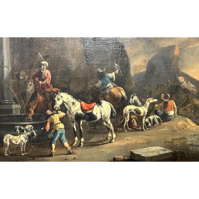 Splendid genre scene signed by the Dutch master Symon Johannes Van Douw (1630-1677). The scene takes place in a rocky...