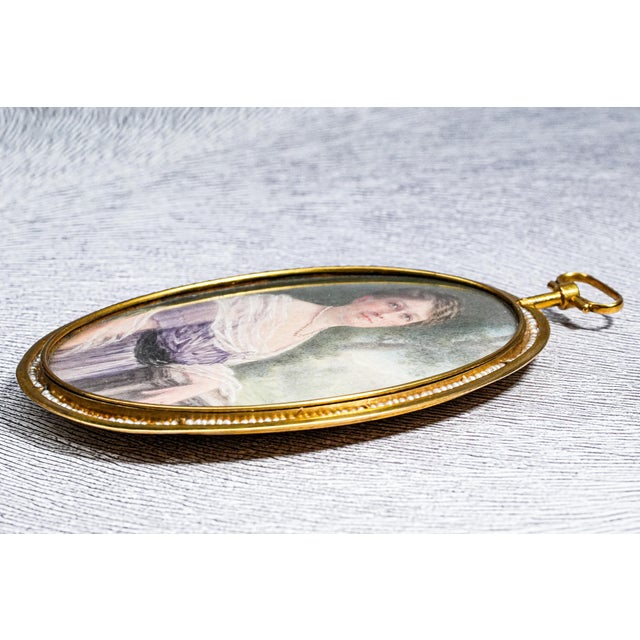 Exceptional Oversized Antique Portrait Miniature Painting Society Woman Keepsake Seed Pearl Gold Wash Frame Pennsylvania History For Sale - Image 12 of 16
